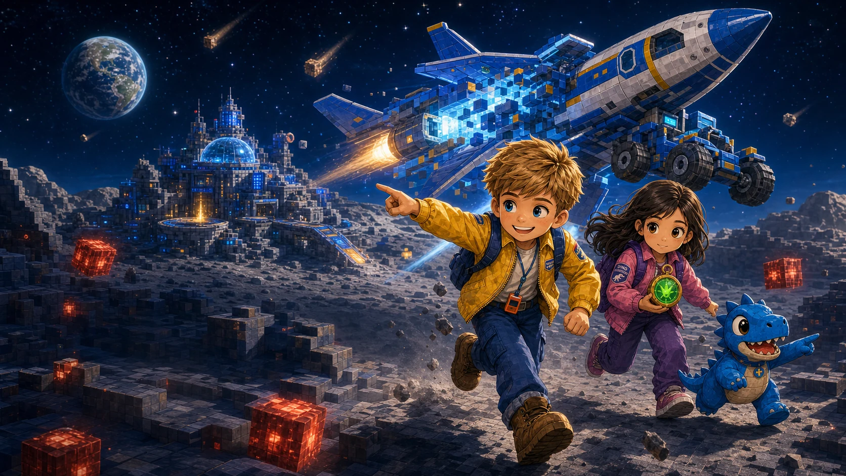 Ayden, Maya, and Annie launch toward the TNT Moon Base